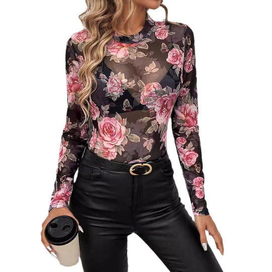 Damen Elegantes Mesh-Top mit floralen Akzenten EB