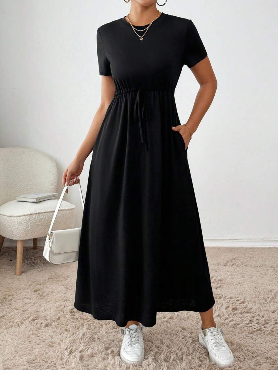 Damen lässiges Maxikleid mit elastischem Taillenbund und Rundhalsausschnitt EB