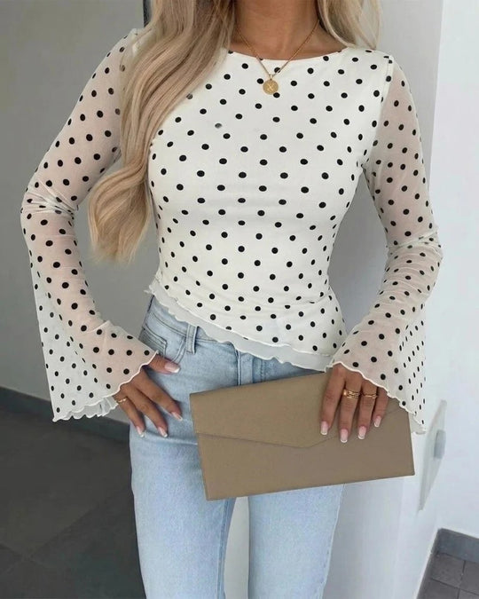 Damen Transparente Mesh-Polka‑Dot-Bluse mit taillierter Passform und Glockenärmeln EB