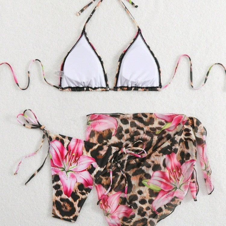 Damen Bikini-Set mit elegantem Leopardenmuster und verspielten Blumendetails EB