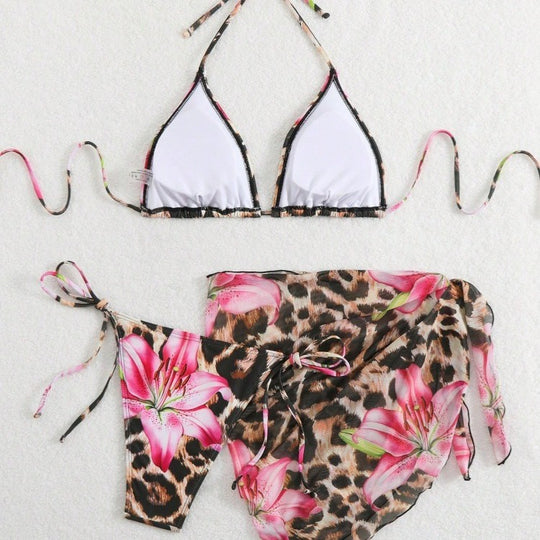 Damen Bikini-Set mit elegantem Leopardenmuster und verspielten Blumendetails EB