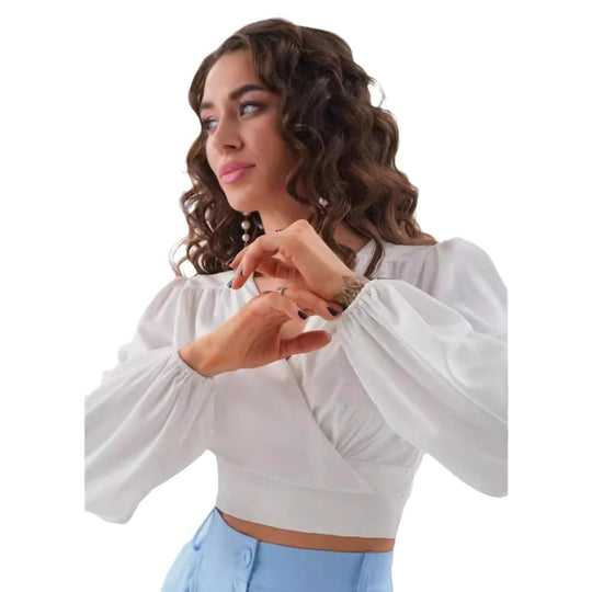 Damen Viskose Wrap-Bluse mit Puffärmel und tiefem V-Ausschnitt EB