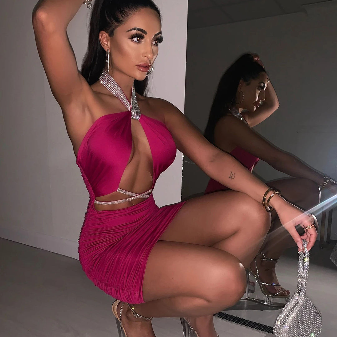 Damen figurbetontes Cocktailkleid mit glitzerndem Halterdesign EB