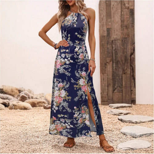 Damen Maxikleid mit elegantem Halter-Ausschnitt und floralem Design EB