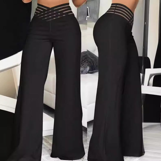 Damen nan hochtaillierte Schlaghose mit mehrreihiger Riemchen-Taille und weitem fließendem Bein EB