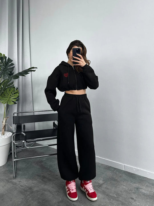 Damen Cropped Kapuzenpullover und hohe Taille Wide-Leg Jogginghose Set EB
