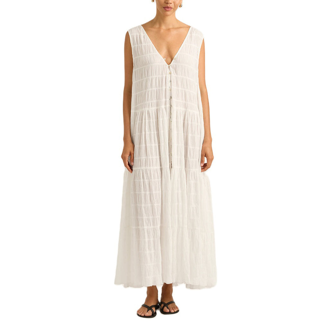 Damen Maxikleid mit tiefem V-Ausschnitt und gestuftem Design EB
