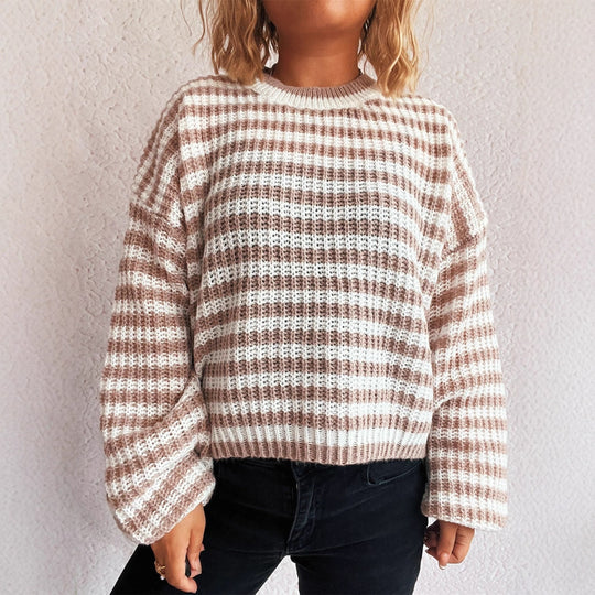 Damen lässiger Strickpullover mit breiten Streifen EB