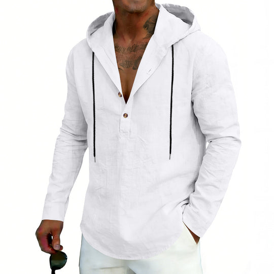 Herren nan Leinen-Henley-Kapuzenhemd mit kurzer Knopfleiste, Kapuze und relaxtem Schnitt EB