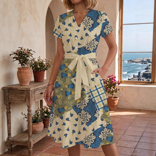 Damen Sommerliches Kleid mit taillierbarem Bindegürtel und floralem Muster EB
