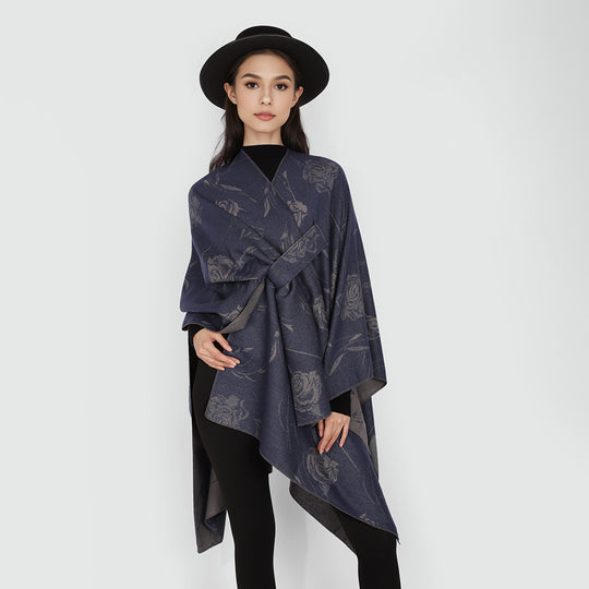 Damen Beidseitig tragbarer Jacquard-Überwurf mit Rosenmuster und Bindegürtel EB