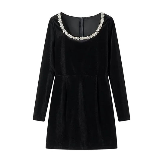 Damen elegant geschnittenes Langarmkleid mit verziertem Ausschnitt EB