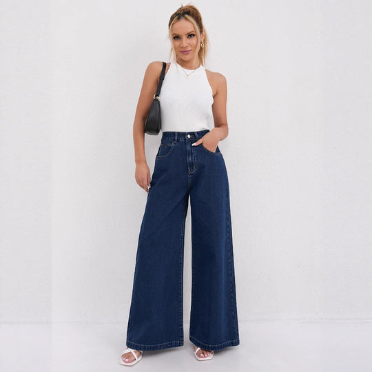 Damen Weite Denim-Jeans mit hoch tailliertem Schnitt und trendigen Details EB