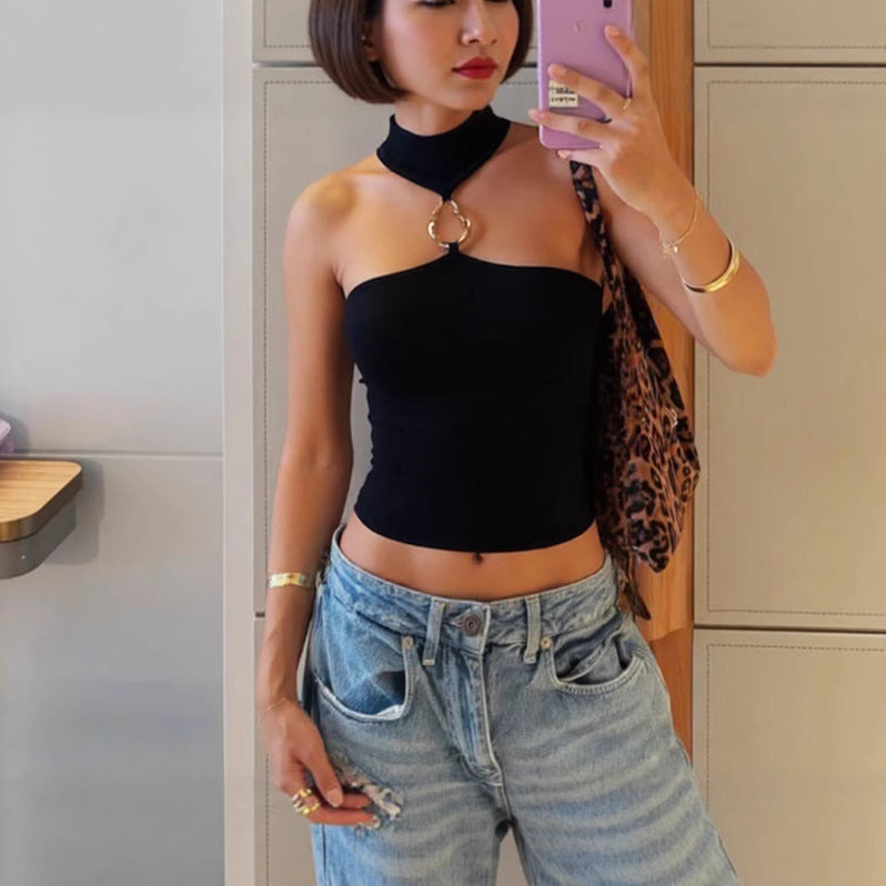 Damen Hochgeschlossenes Crop-Top mit dekorativem Ringdetail EB