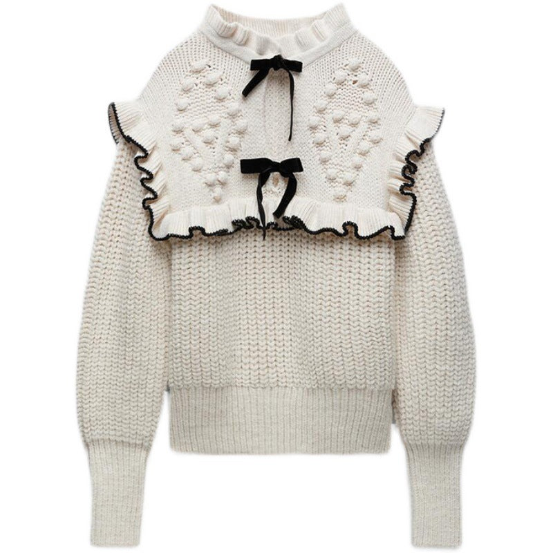 Damen Strickpullover mit eleganter Rüsche und Kapuze EB
