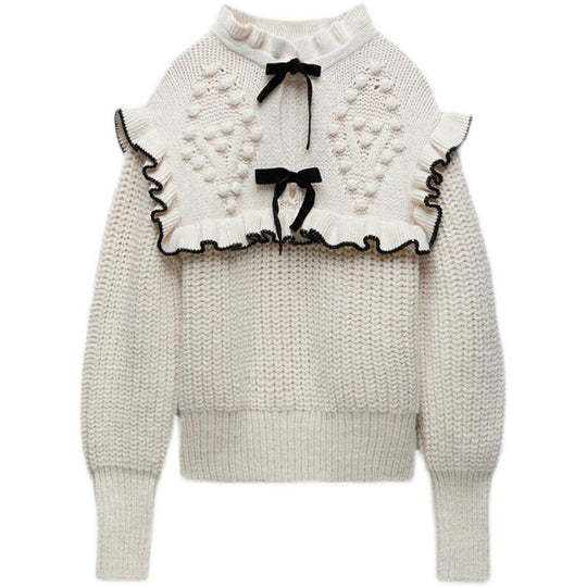Damen Strickpullover mit eleganter Rüsche und Kapuze EB