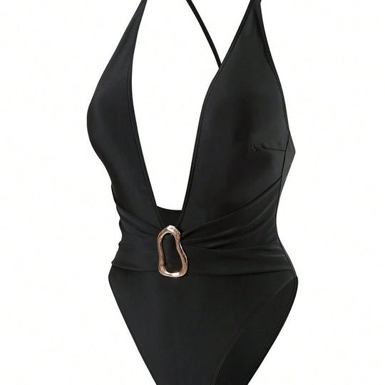 Damen Einteiliges Badeanzug mit tiefem V-Ausschnitt und elegantem Gold-Detail EB