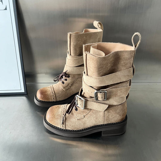 Damen elegante Stiefel mit modischen Schnallen und verstellbaren Riemen EB