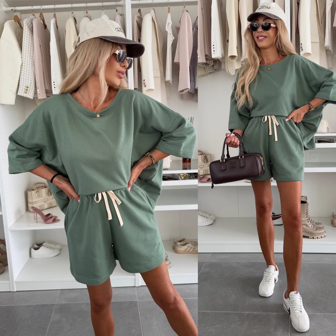 Damen lässiges Set aus Oversize-T-Shirt und Shorts mit verstellbarem Taillenzug EB