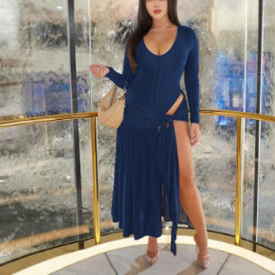 Damen Elegantes Maxikleid mit tiefem V-Ausschnitt und seitlichem Schlitz EB