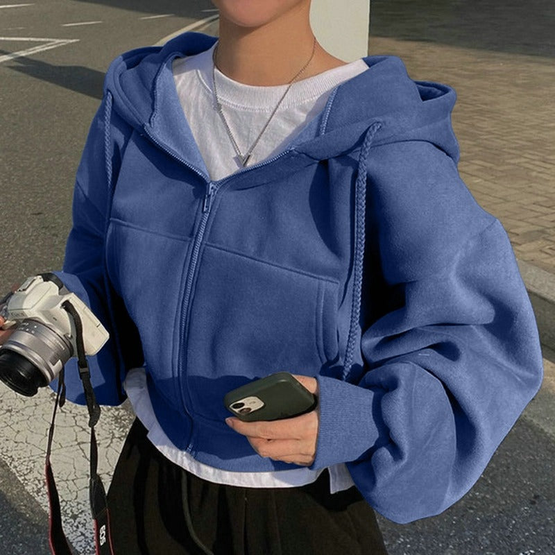 Damen nan oversized cropped Kapuzenjacke mit Reißverschluss und Ballonärmeln EB