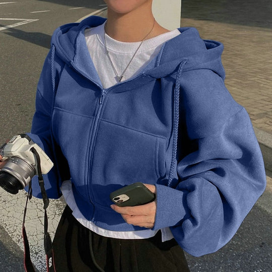 Damen nan oversized cropped Kapuzenjacke mit Reißverschluss und Ballonärmeln EB