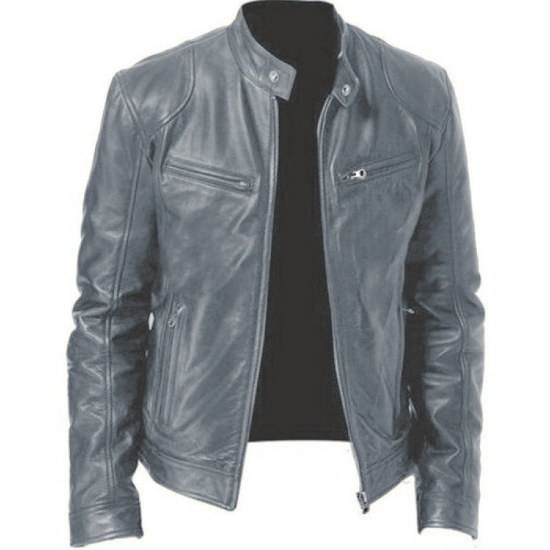 Herren nan schlanke Echtleder-Bikerjacke mit Stehkragen, zwei Brust-Reißverschlusstaschen und geradliniger Silhouette EB