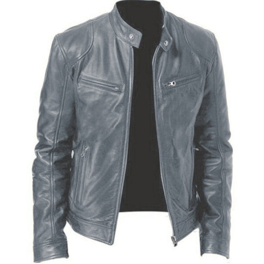 Herren nan schlanke Echtleder-Bikerjacke mit Stehkragen, zwei Brust-Reißverschlusstaschen und geradliniger Silhouette EB