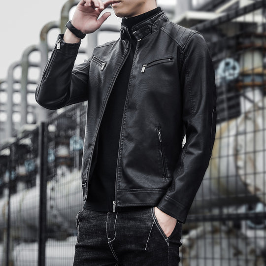 Herren Kunstleder-Motojacke mit hohem Stehkragen und Reißverschlusstaschen EB