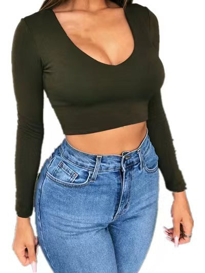 Damen modisches Crop-Top mit tiefem V-Ausschnitt und langen Ärmeln EB