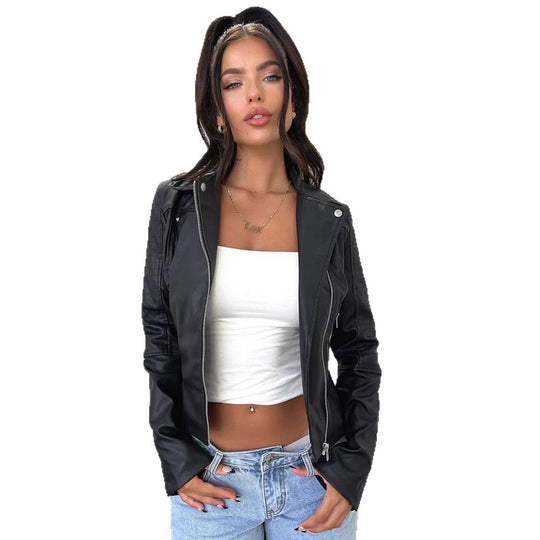Damen Bikerjacke mit asymmetrischem Reißverschluss und stilvollen Ziernähten EB