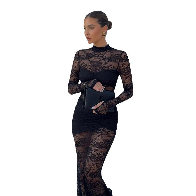 Damen Spitzenmaxikleid mit transparentem Langarmdesign und figurformendem Schnitt EB