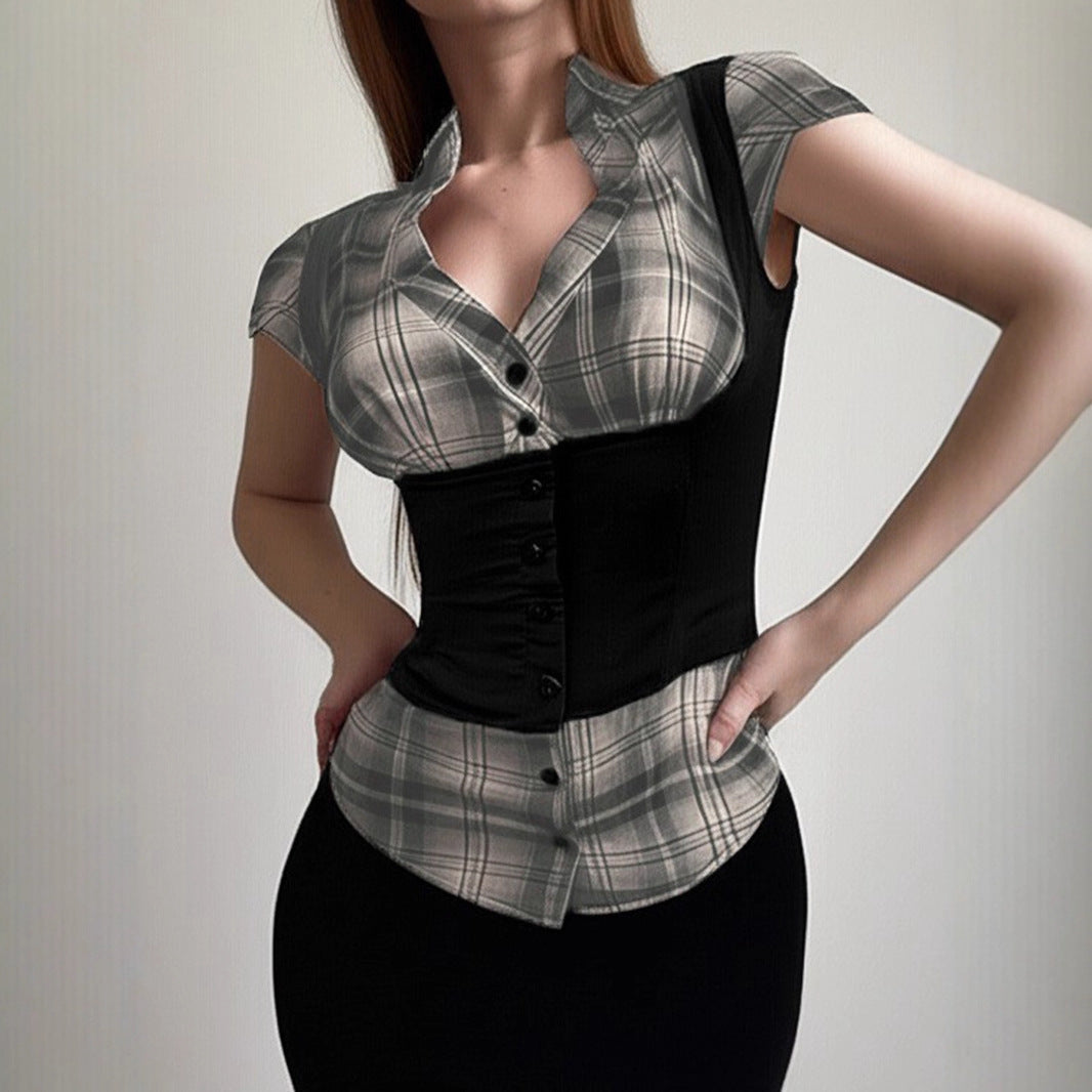 Damen karierte Bluse mit figurbetonendem Schnitt und stylishen Akzenten EB