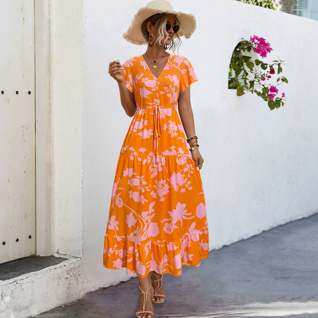Damen Sommerliches Maxikleid mit floralen Akzenten und fließendem Rock EB