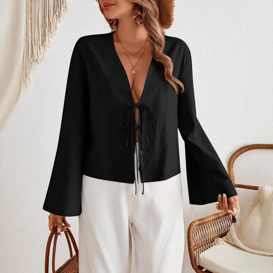 Damen lässige Shirtjacke mit tiefer V-Ausschnitt und Schleifenverschluss EB