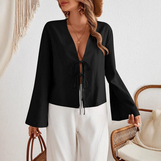 Damen lässige Shirtjacke mit tiefer V-Ausschnitt und Schleifenverschluss EB
