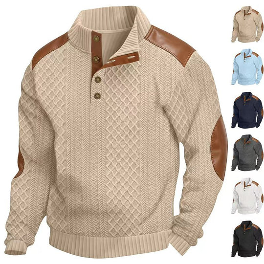 Herren Pullover mit Stehkragen, Zopfmuster und kontrastierenden Lederbesätzen EB