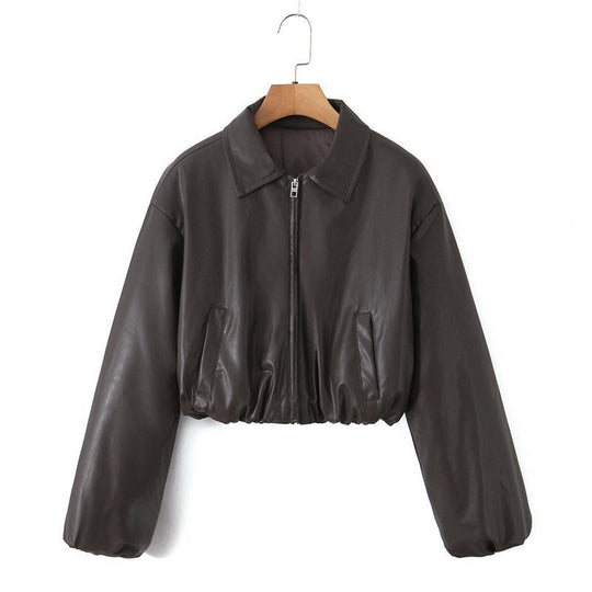 Damen cropped Kunstlederjacke mit praktischen Taschen und Gummibund EB