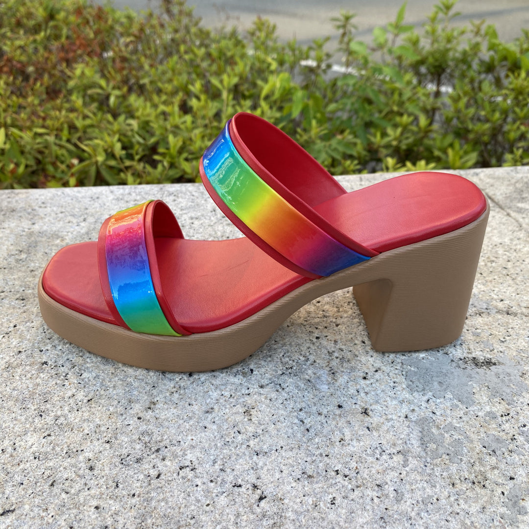 Damen Plateau-Sandalen mit regenbogenfarbenem Glanz und bequemem Absatz EB