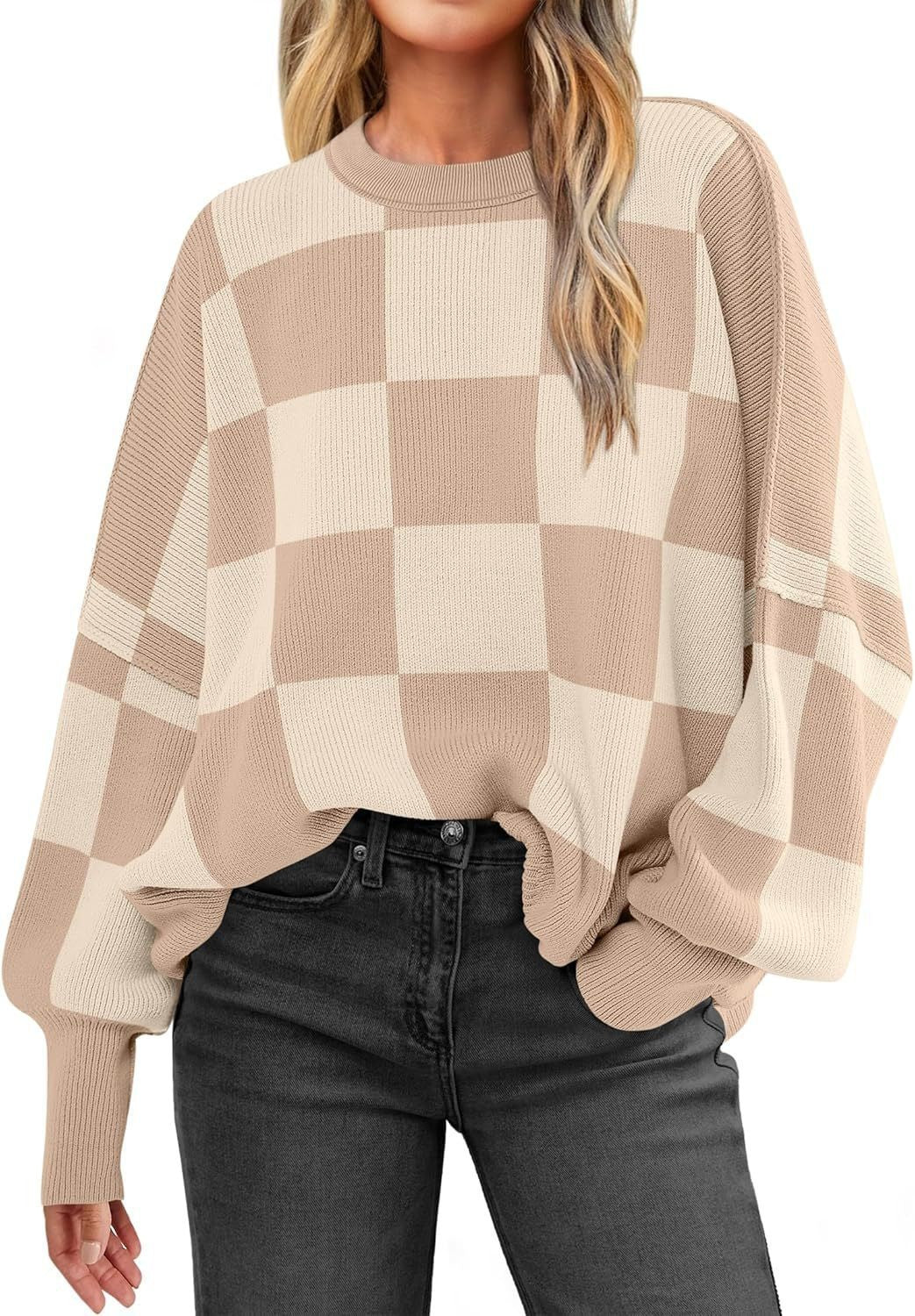 Damen oversized Pullover mit Karomuster und lässigem Schnitt EB