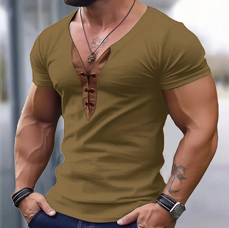 Herren trendiges V-Ausschnitt T-Shirt mit Knopfleiste EB
