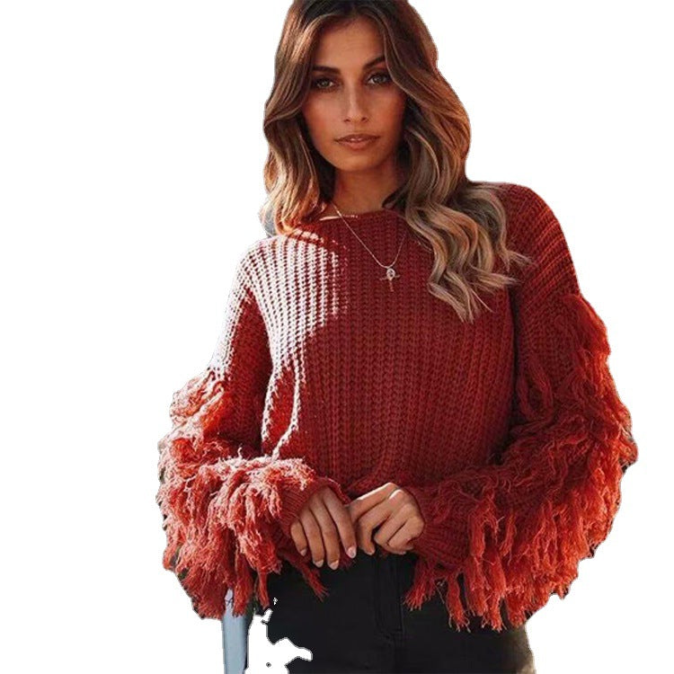 Damen gemütlicher Strickpullover mit lässigen Fransenärmel EB