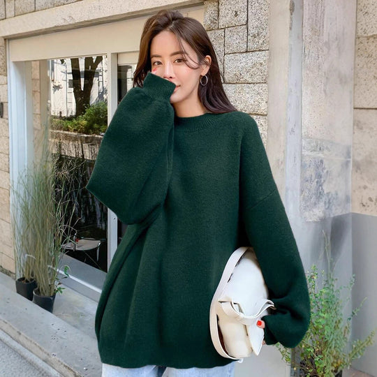 Damen oversized Strickpullover mit Rundhalsausschnitt und breiten Ärmeln EB