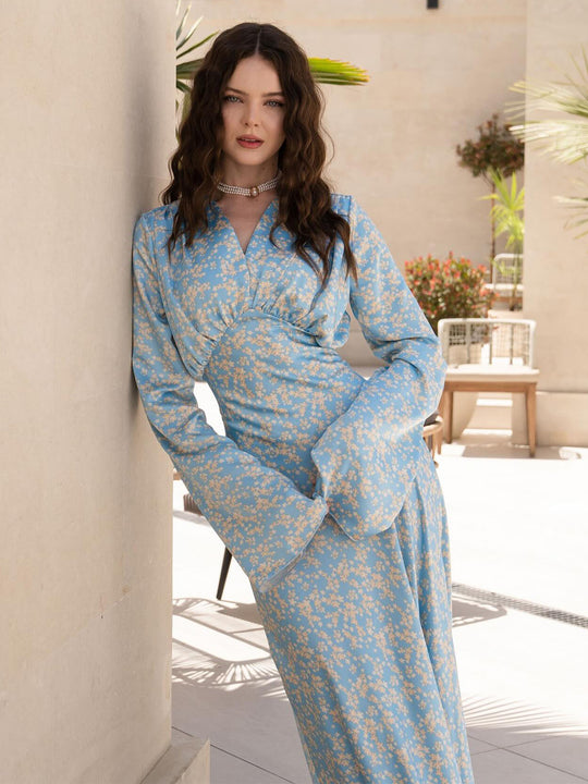 Damen Langärmeliges Maxikleid mit floralen Mustern und femininer Silhouette EB