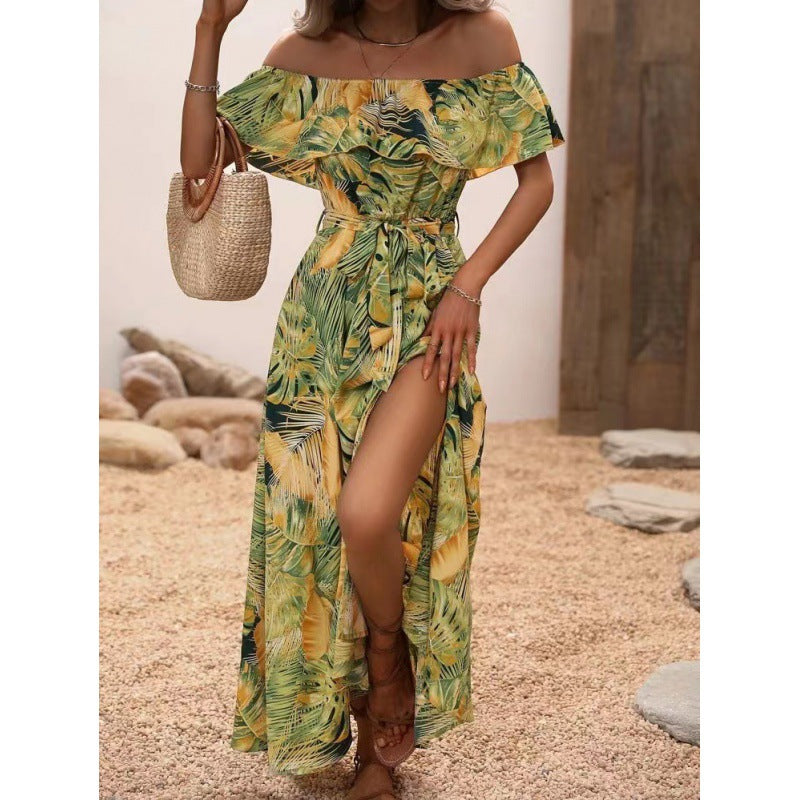 Damen Maxikleid mit Off-Shoulder-Ausschnitt und tiefem Schlitz EB