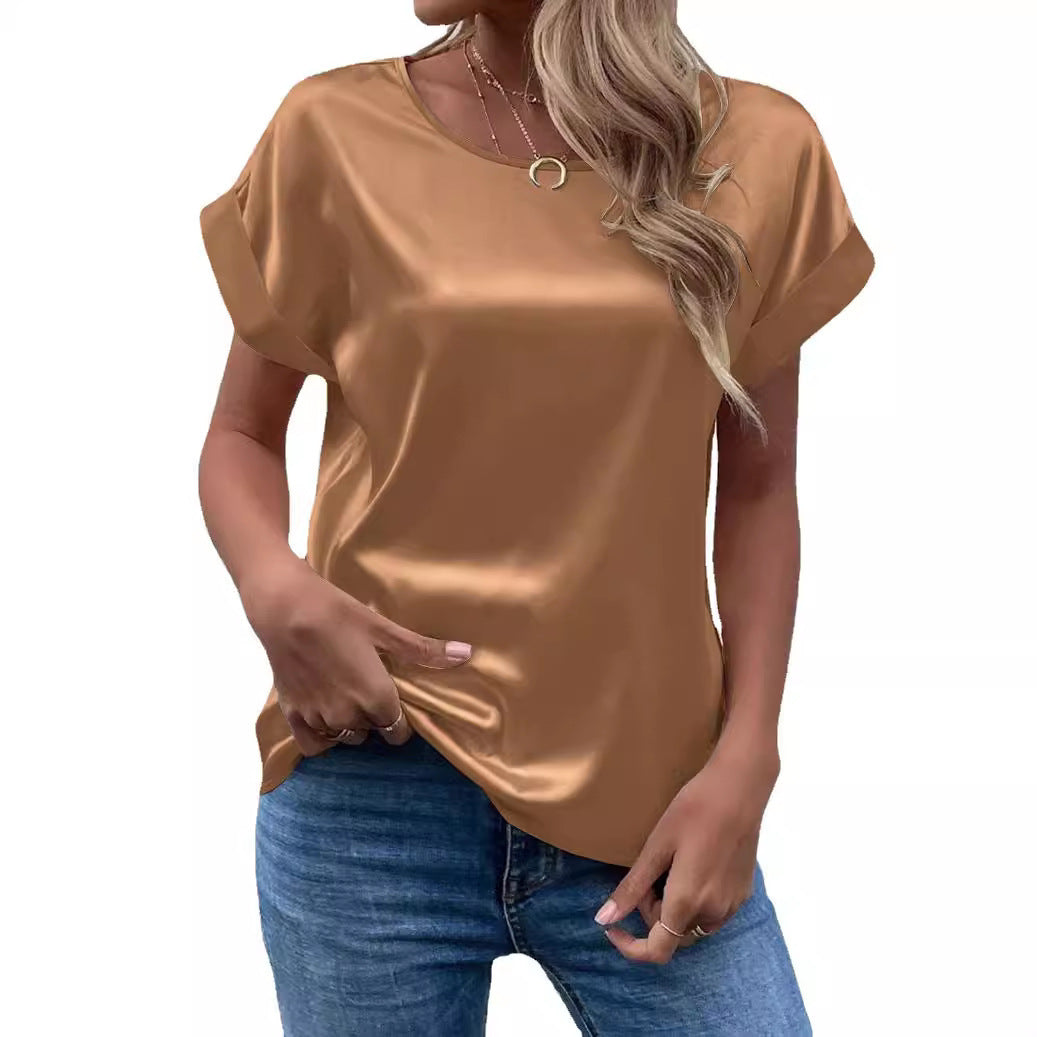 Damen Satin Oberteil mit lässigem Schnitt und umgeschlagenen Ärmeln EB