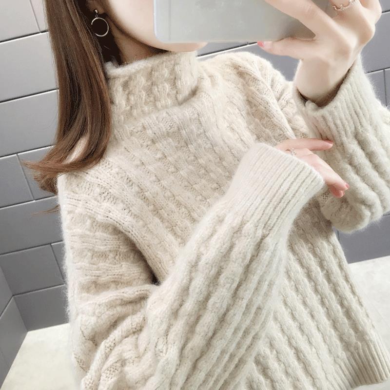 Damen Strickpullover im modernen Rippdesign mit hohem Kragen und lässigen Ärmeln EB