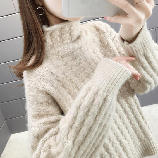 Damen Strickpullover im modernen Rippdesign mit hohem Kragen und lässigen Ärmeln EB