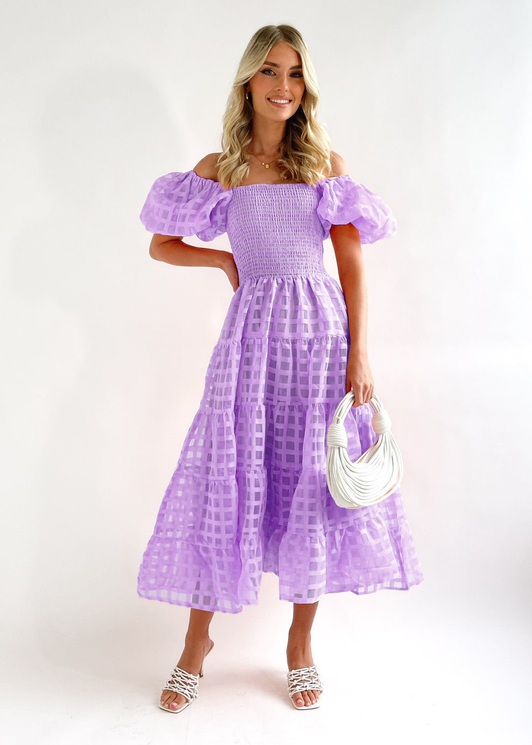Damen Luftiges Maxikleid mit schwingendem Rock und voluminösen Puffärmeln EB