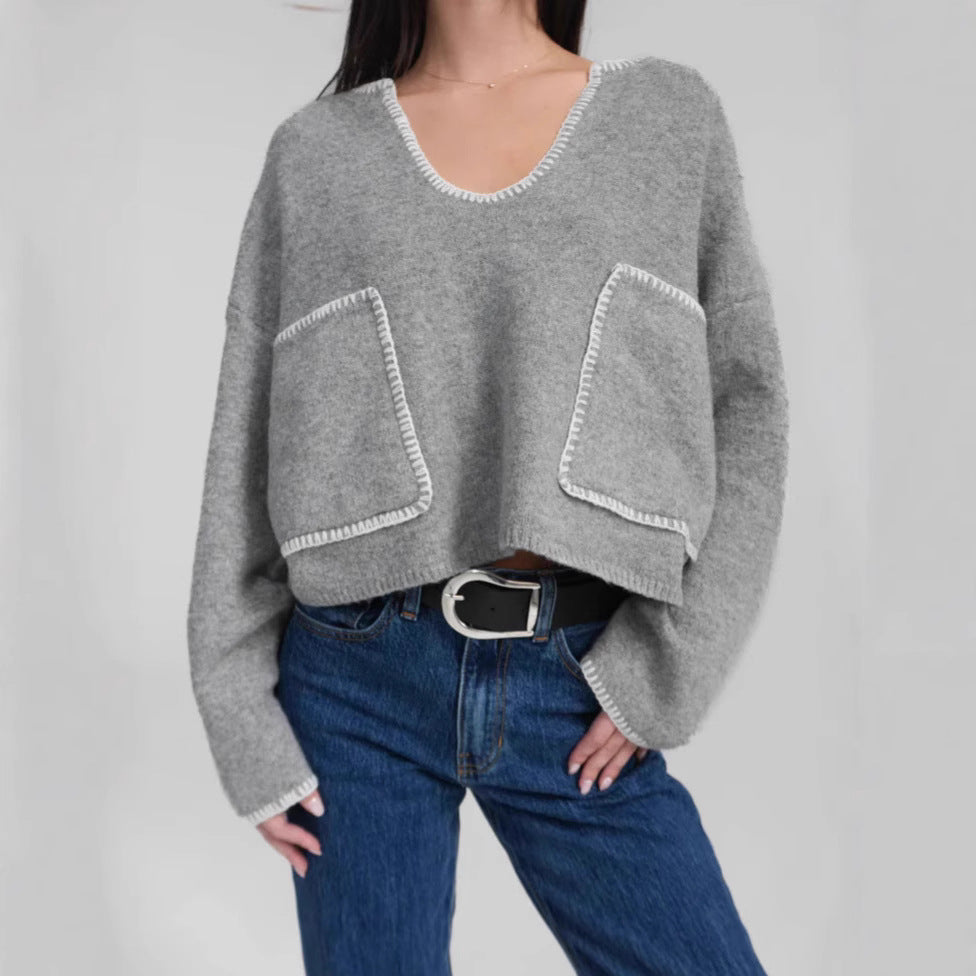 Damen lässiger Pullover mit strukturiertem Design und praktischen großen Taschen EB